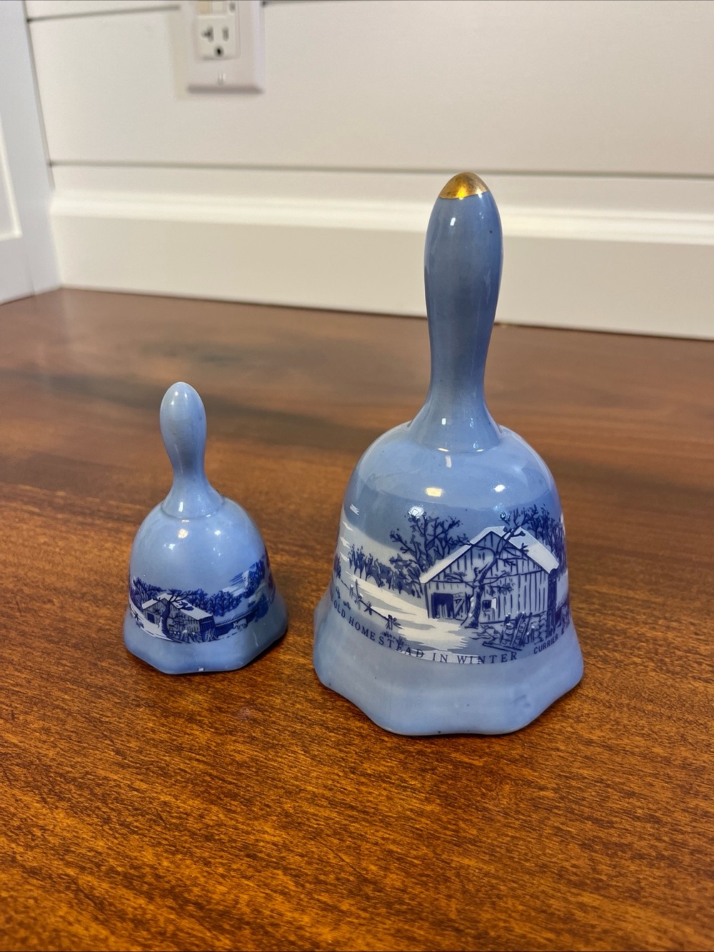 Blue Ceramic Decorative Bell with Gold Accent Homestead in Winter